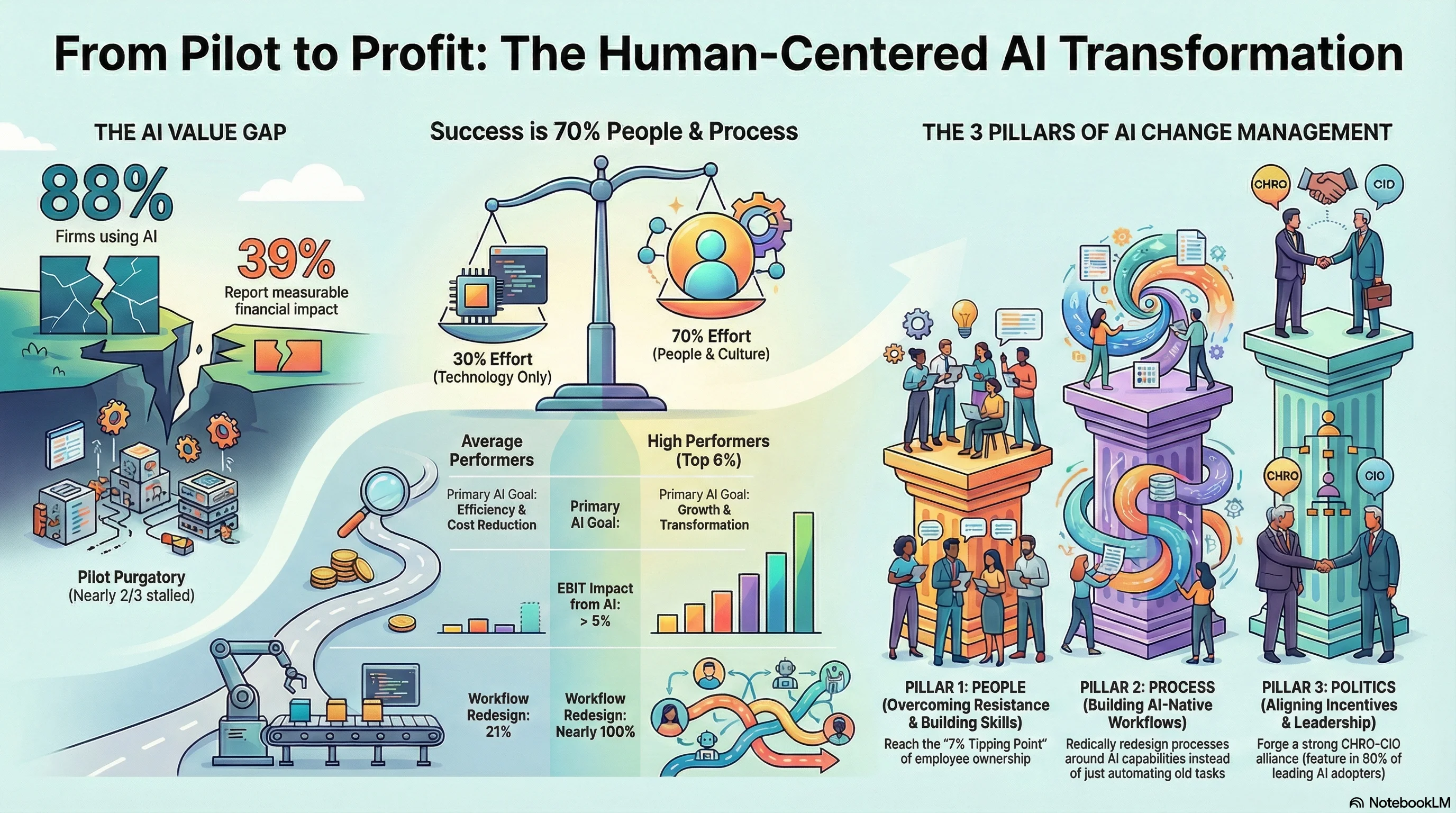 Enterprise AI Transformation - Visual overview showing the 10-20-70 principle, People-Process-Politics framework, and implementation roadmap