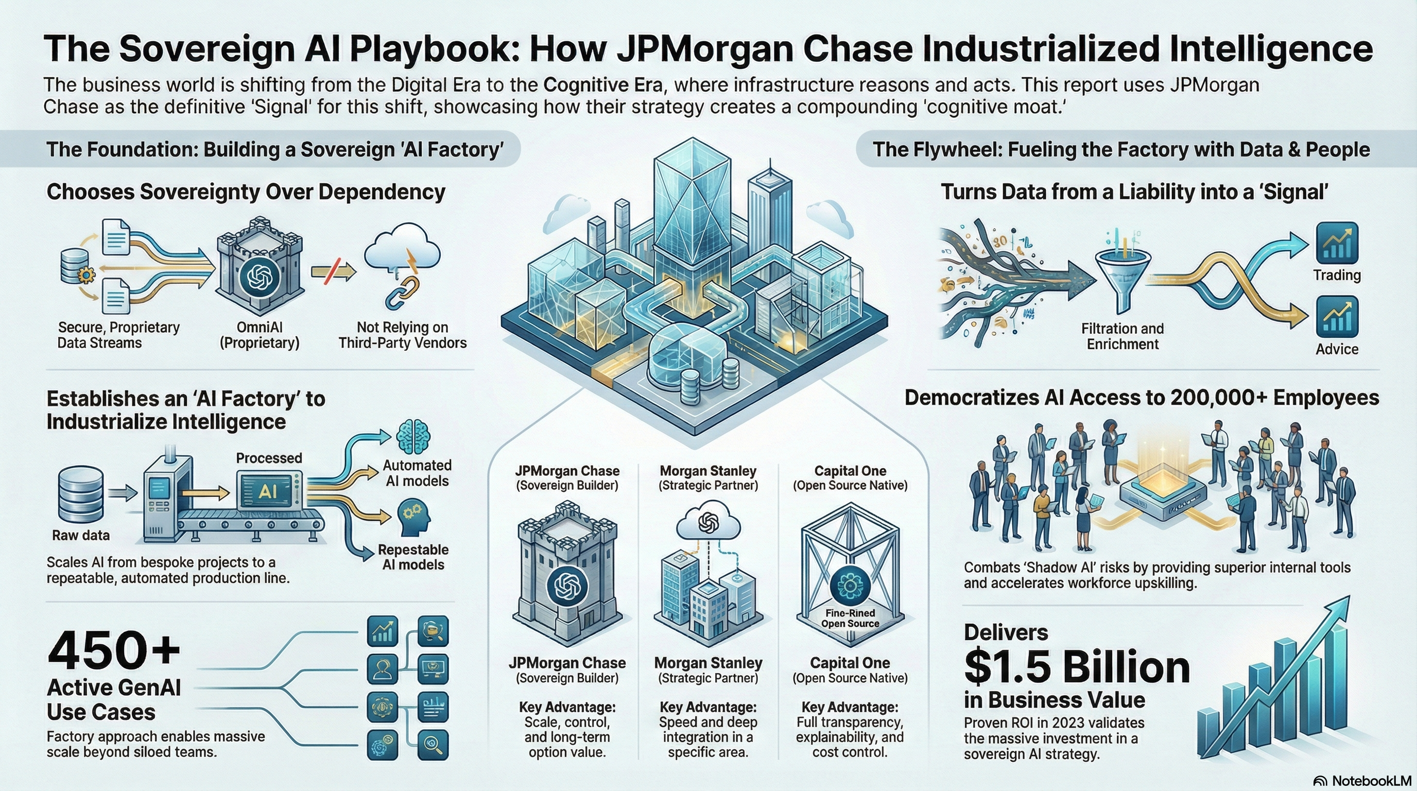The Sovereign AI Playbook: How JPMorgan Chase Industrialized Intelligence - Visual overview of JPMC's AI strategy including the AI Factory, Signal flywheel, and democratization to 200,000+ employees